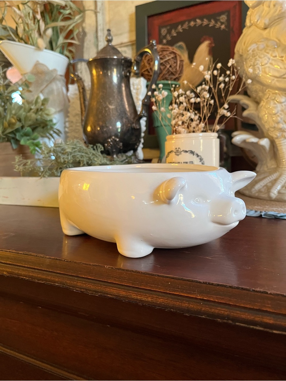 White Ceramic Pig Planter - Charming Tabletop Home Art